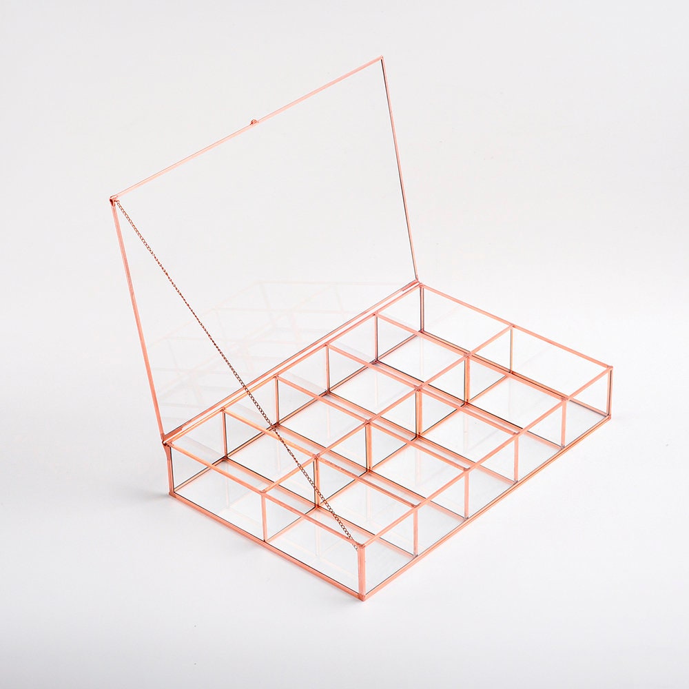 Jewelry Watch Organizer Box Accessories Makeup Copper Rose Glass Wedding Keepsake Geometric Card Reception 12x8x2.5"
