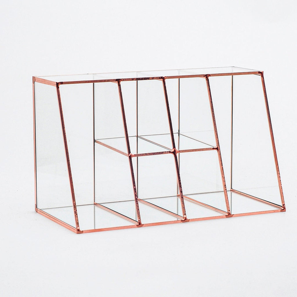 Pen Holder Makeup Jewelry Organizer Box Accessories Copper Rose Glass Wedding Keepsake Geometric Reception 10x6x5" Christmas Gift