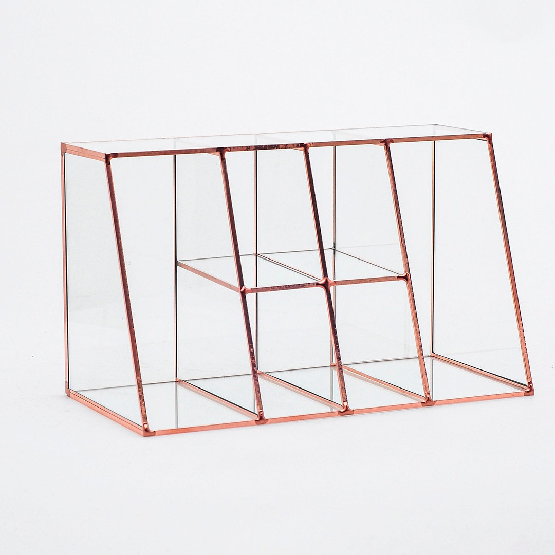Pen Holder Makeup Jewelry Organizer Box Accessories Copper Rose Glass Wedding Keepsake Geometric Reception 10x6x5" Christmas Gift