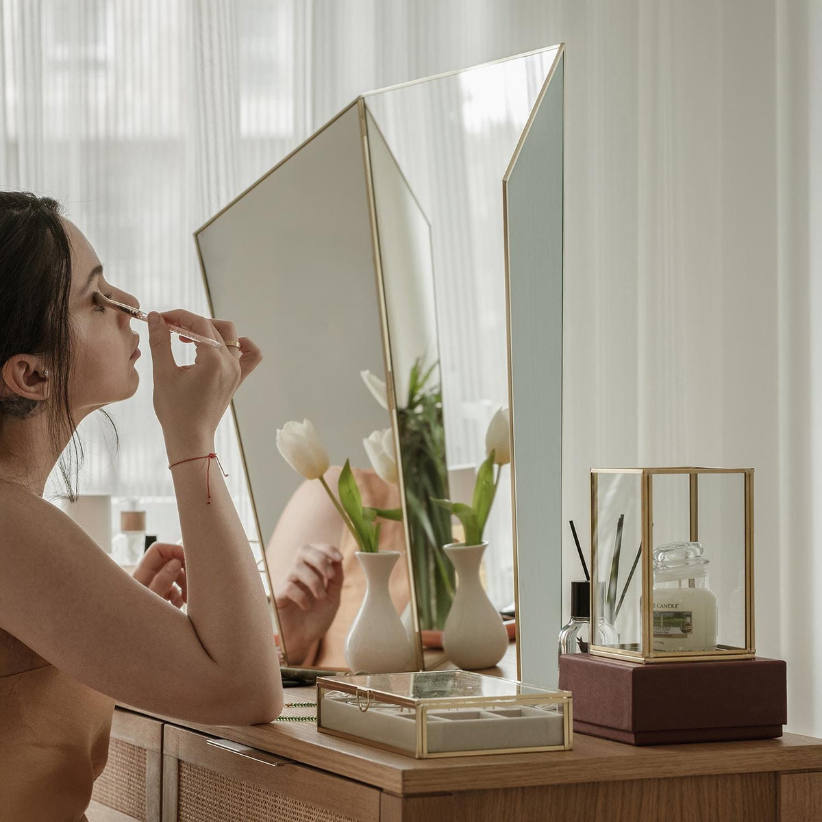 34x24" | Vanity Makeup Mirror | Brass Desktop | Gold Decorative | Tabletop Desk | Scandinavian | Portable Bedroom | Bohemian Modern