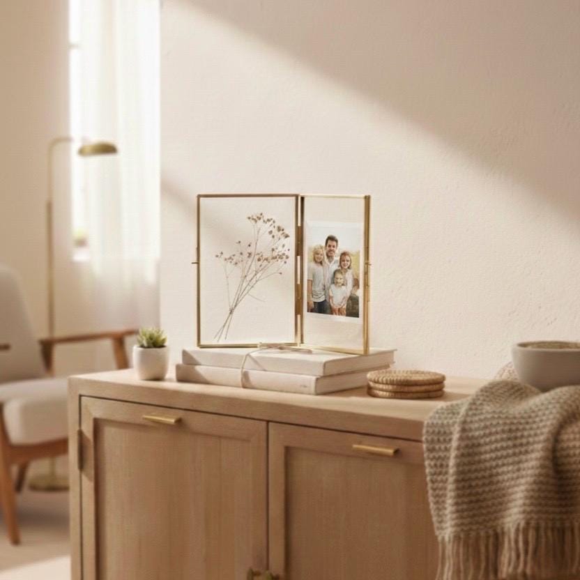 8x6" Floating Glass Frame Brass Desktop Photo Picture Double Tabletop Bilderrahmen Vertical Pretty Perfect For Pressed Flower Arrangement