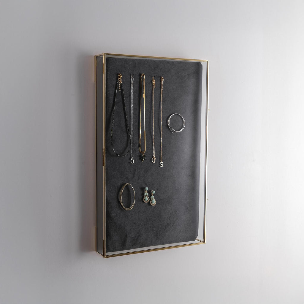12x20x2 inch | Jewelry Display Showcase | Wall Hanging | Glass Box | Brass | Gold