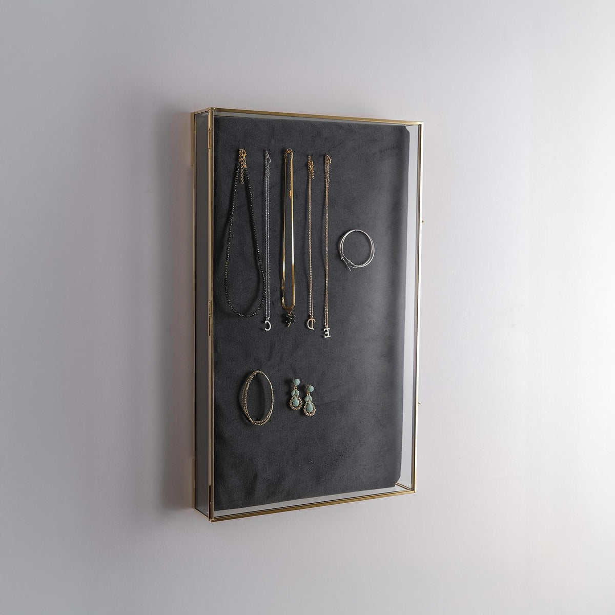 12x20x2 inch | Jewelry Display Showcase | Wall Hanging | Glass Box | Brass | Gold
