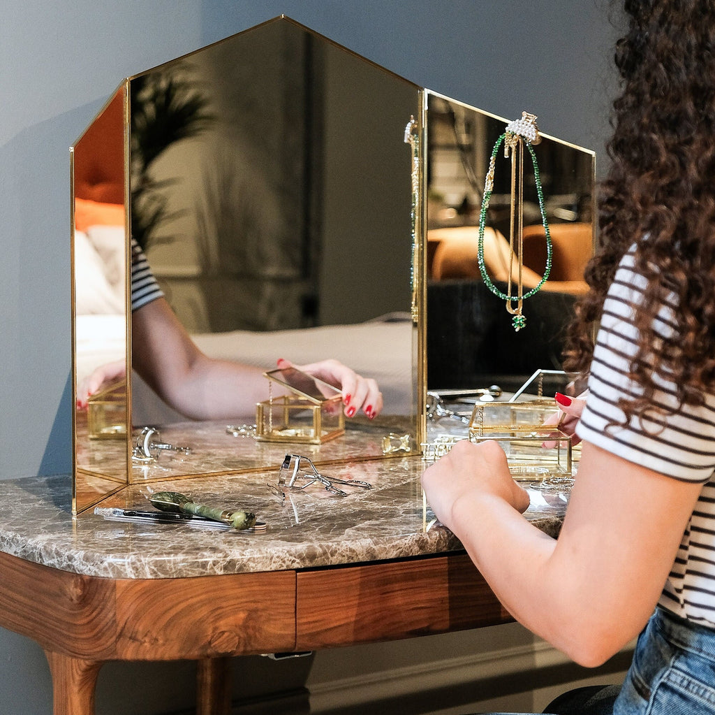 32x20" Vanity Makeup Mirror Brass Desktop Tabletop  Desk Gold Decorative Scandinavian Portable Bedroom Bohemian Modern Decor Christmas Gift