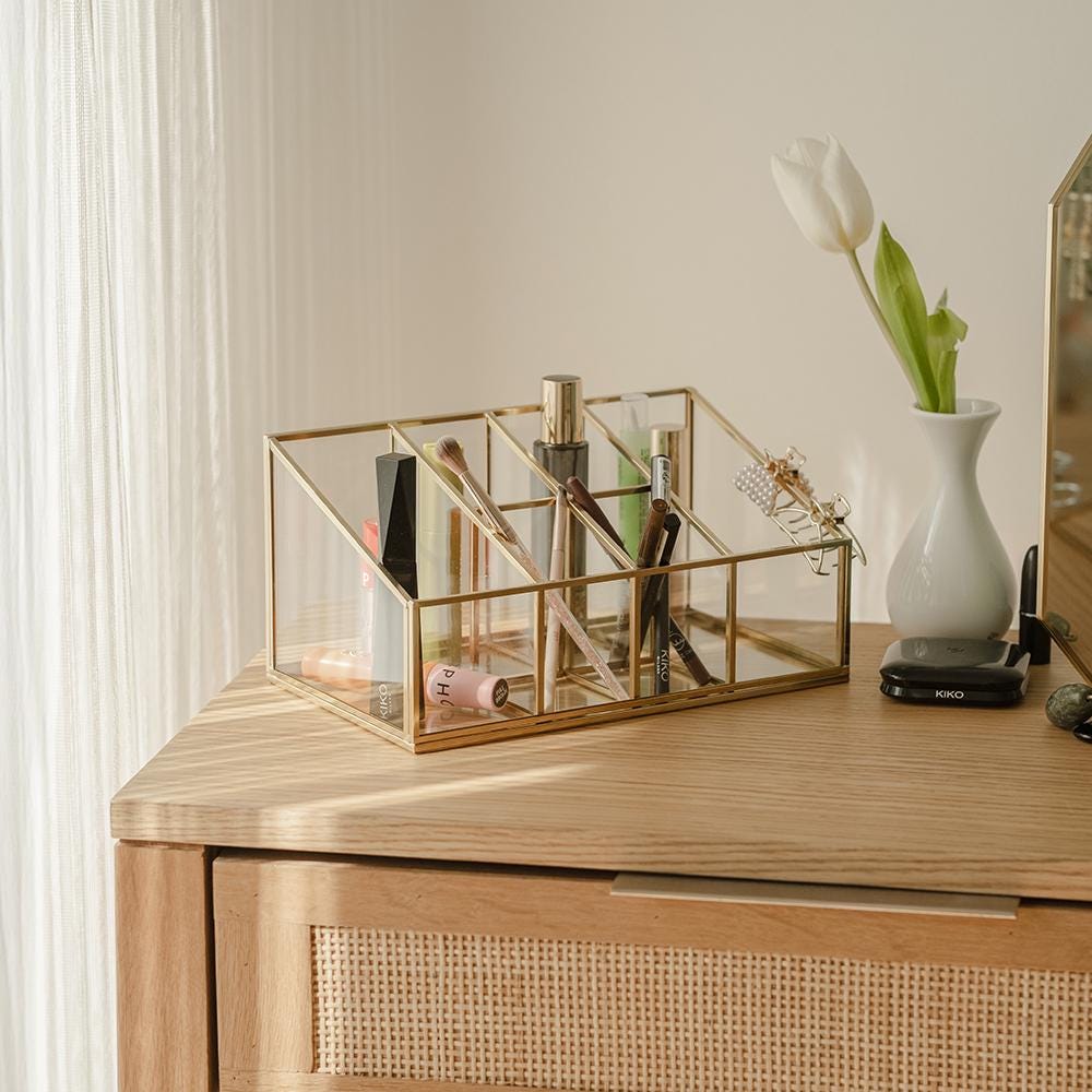 Pen Holder Makeup Jewelry Organizer Box Accessories Gold Brass Glass Wedding Keepsake Geometric Reception 10x6x5" Christmas Gift