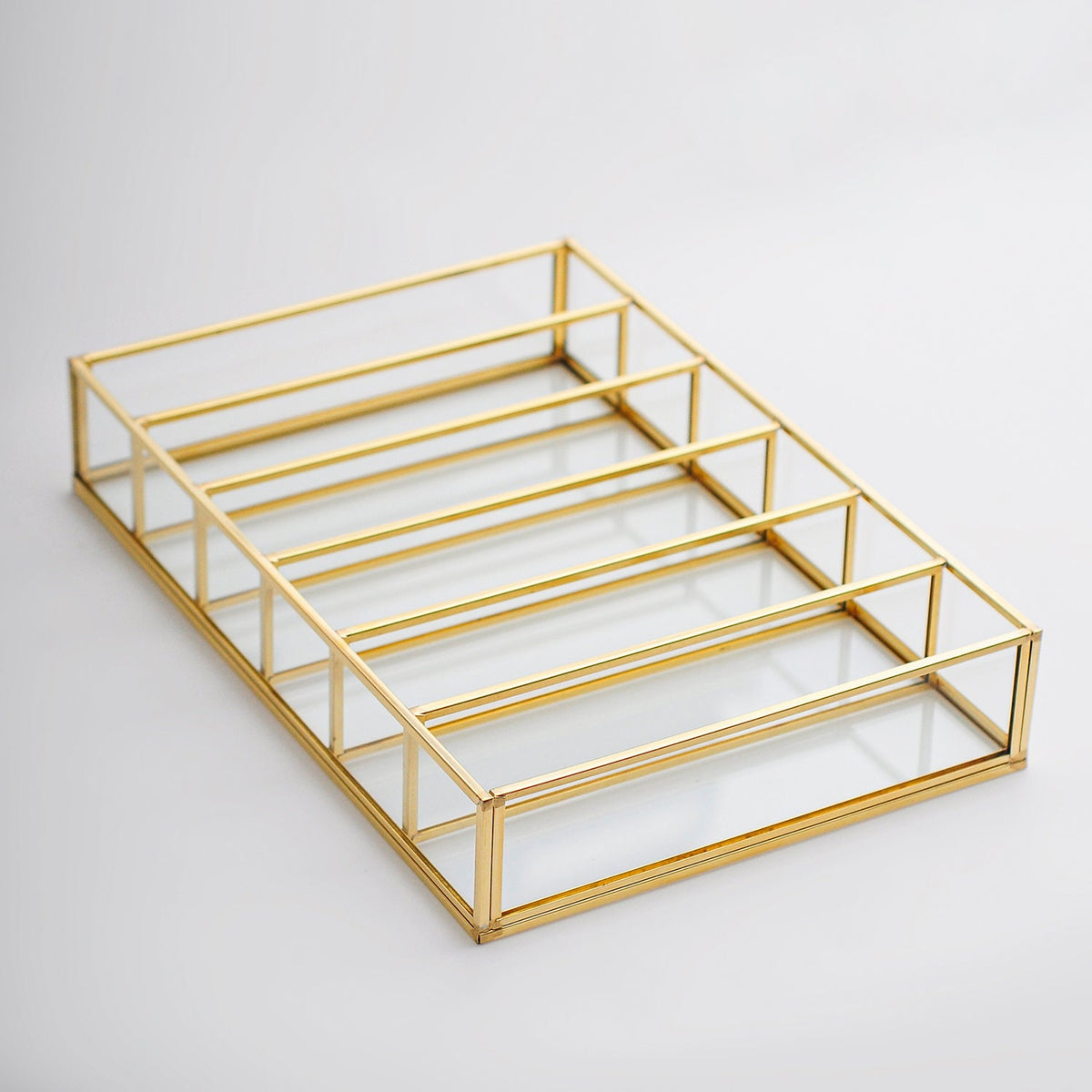 Jewelry Watch Organizer Box Accessories Makeup Gold Brass Glass Wedding Keepsake Geometric Card Reception 12x8x2"