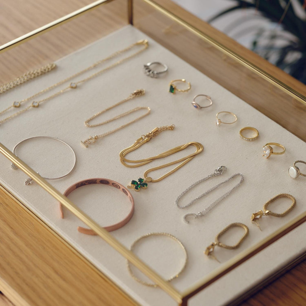Elegant JEWELRY DISPLAY SHOWCASE Box – Unique Handmade Gold Brass Display Case - Minimalist Linen Based Jewelry Organizer Or Box For Gift
