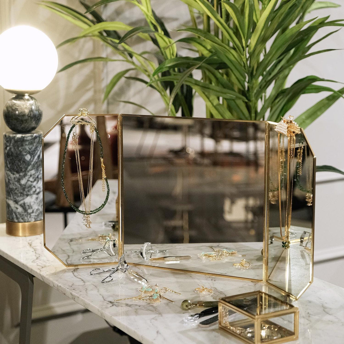 24x12" Wall-Mounted Desktop Vanity Makeup Mirror Brass Gold Decorative Scandinavian Portable Bedroom Bohemian Modern Decor Christmas Gift