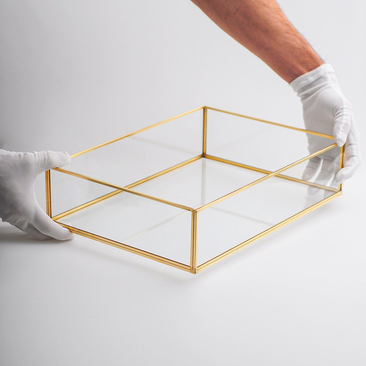 14x10x3" Wedding Tray Makeup Organizer Glass Brass Gold