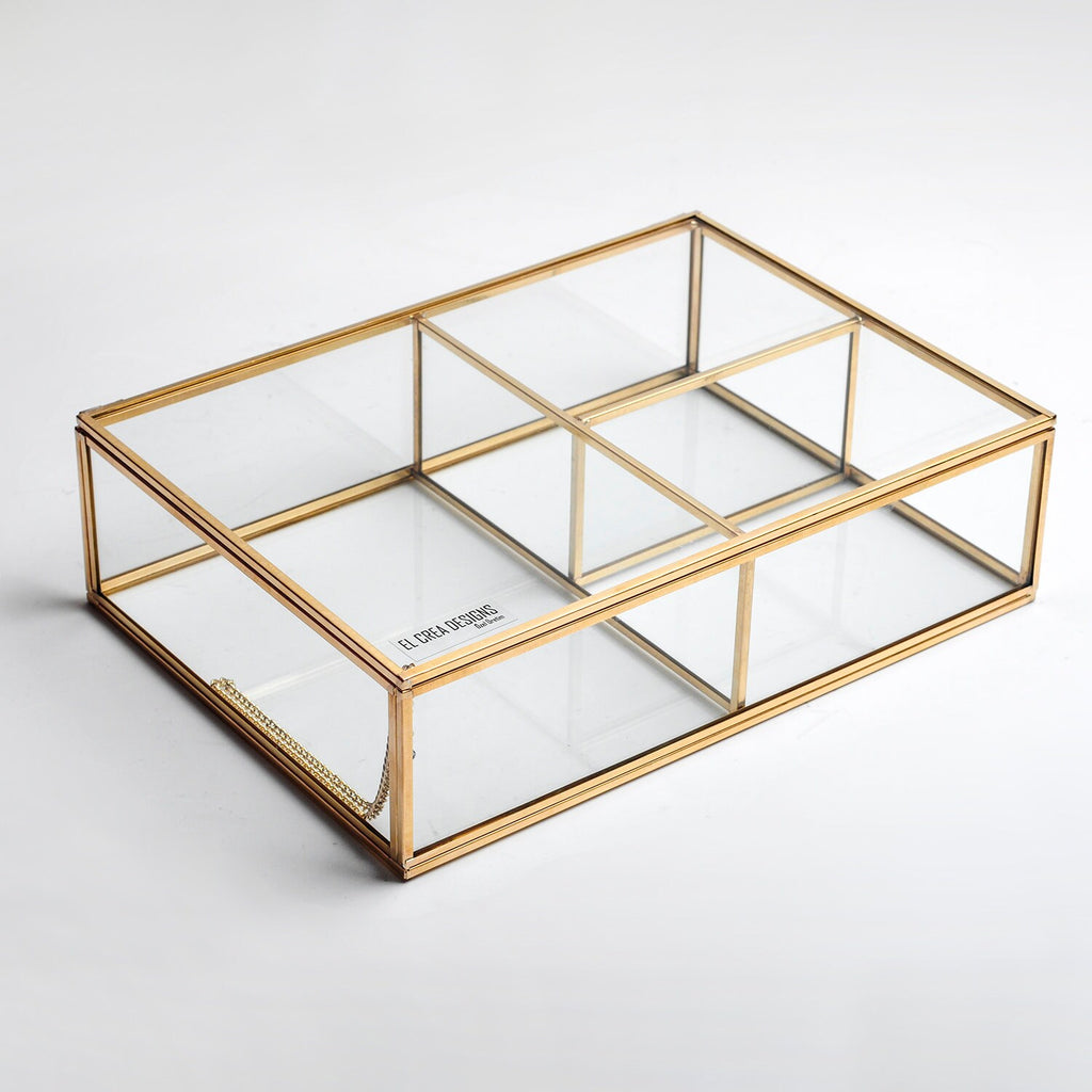 Jewelry Watch Organizer Box Accessories Makeup Gold Brass Glass Wedding Keepsake Geometric Card Reception 12x8x3" Christmas Gift